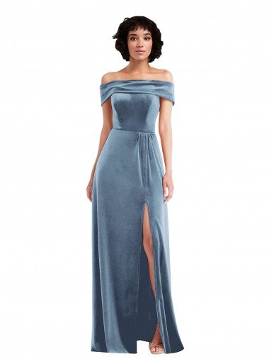 Draped Cuff Off the Shoulder Velvet Evening Maxi Dress with Pockets Canada