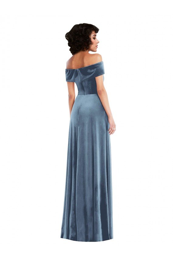 Draped Cuff Off the Shoulder Velvet Evening Maxi Dress with Pockets