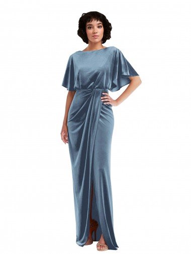 Flutter Sleeve Open Back Velvet Evening Maxi Dress with Draped Wrap Skirt Canada