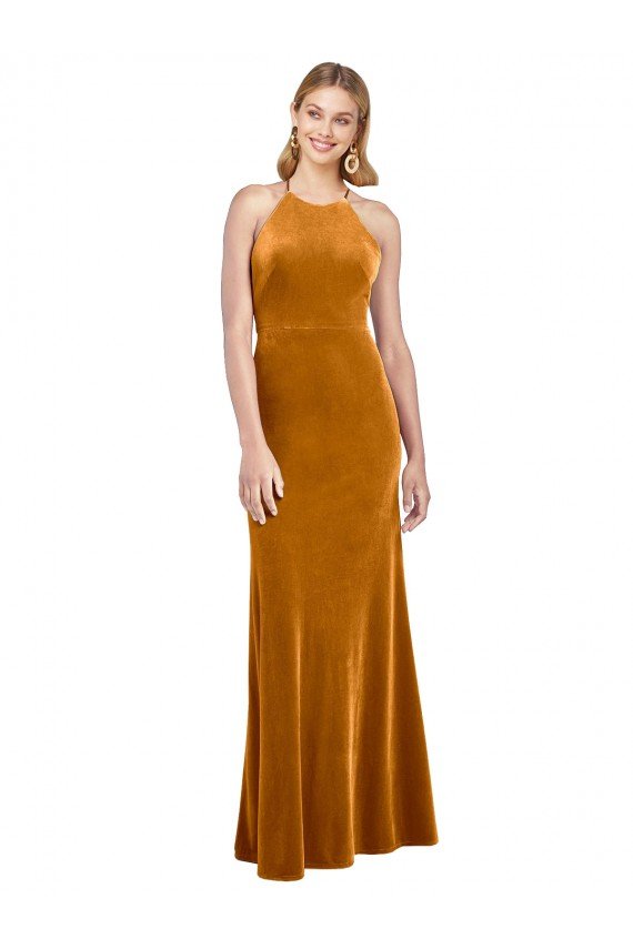 Halter Neckline Long Full Length Velvet Evening Dress with Strappy Back