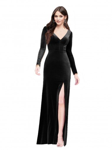 Long Sleeves Velvet Evening Dress with V-Neckline and Thigh Slit Canada
