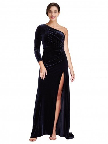 One Sleeve Long Velvet Evening Dress with Thigh High Split Canada