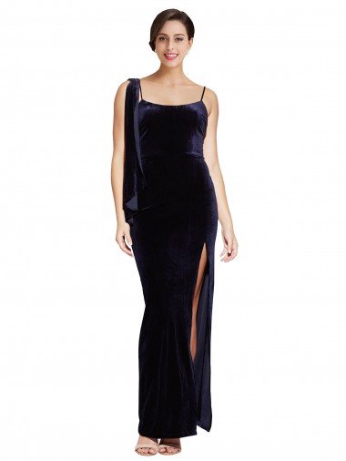 Long Velvet Evening Dress with Side Thigh Split and Shoulder Tie Canada