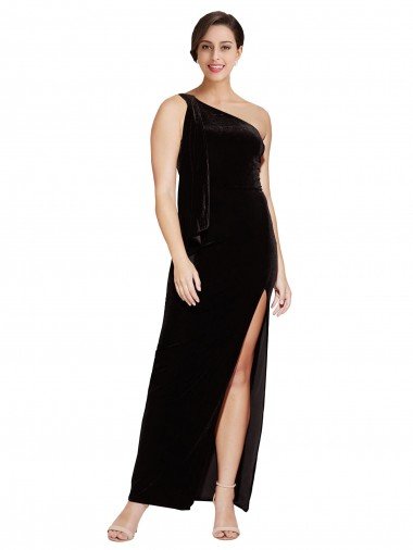 One Shoulder Long Velvet Evening Dress with Side Split and Shoulder Tie Canada