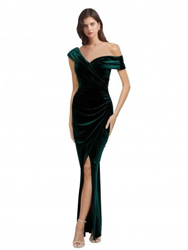 Long Asymmetric Neckline Ruched Velvet Evening Dress Canada